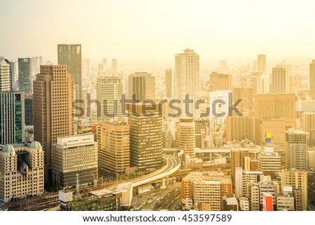 panoramic modern city skyline bird eye aerial view in Osaka, Japan