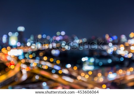 Blurred bokeh light night view, big city downtown, abstract background