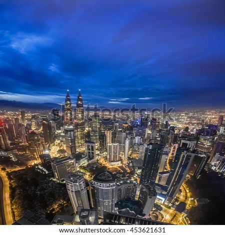 An aerial view of Kuala Lumpur CIty Centre and its surroundings during blue hour before sunrise