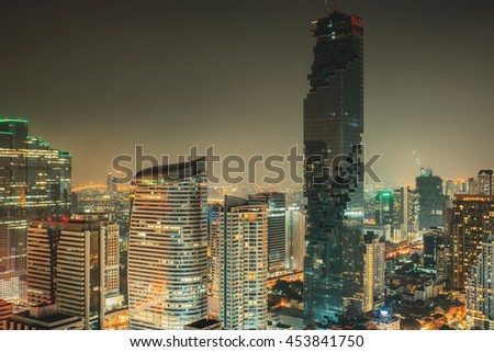 Modern contemporary city night downtown landscape with futuristic architecture. City lights background. Travel inspiration. Urban exploration. Luxury estate sale rent wallpaper. Postcard concept. 