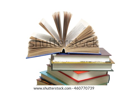 Books closeup isolated on white background. horizontal photo.