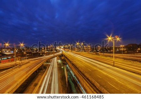 Panorama view on Belgrade roads at night time, surrounded by street lights 