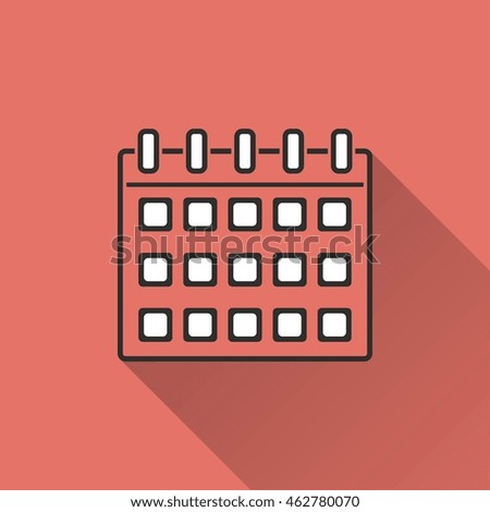 Calendar vector icon with long shadow. IIllustration isolated on red background for graphic and web design.