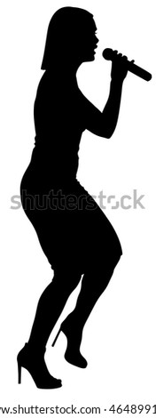 Popular singer super star vector silhouette isolated on white background. Attractive music artist on the stage. Singer woman, girl artist against public on concert. Microphone in hands. Karaoke event.