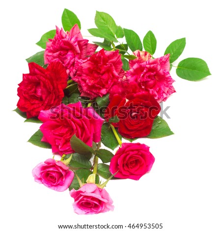A beautiful bouquet of red flowers roses isolated on white background. Wedding card. View top, flat. Floristics