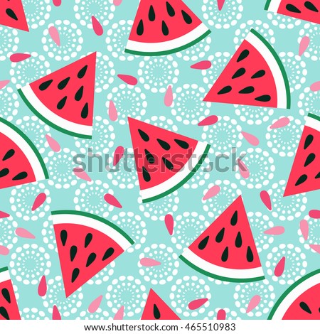 Cute seamless watermelon pattern on blue background. Vector illustration for sweet summer fruit design. Slice fresh food ornament. Pretty repeat wallpaper. Bright tasty cartoon decoration
