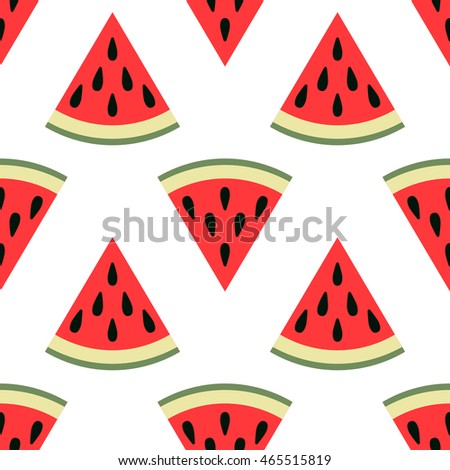 Cute seamless watermelon pattern on white background. Vector illustration for sweet summer fruit design. Slice fresh food ornament. Pretty repeat wallpaper. Bright tasty cartoon decoration