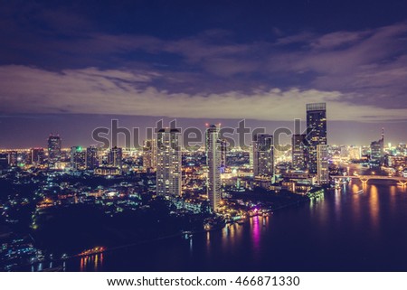 Abstract blur beautiful bangkok city skyline at night for background - Vintage Filter