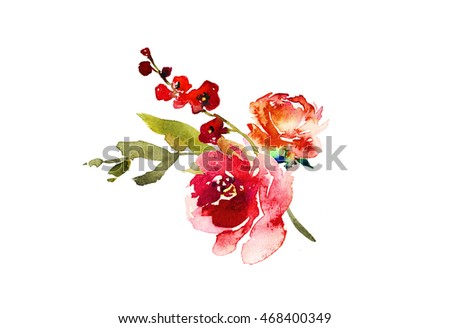 Autumn watercolor floral bouquet red orange flowers isolated on white background.
