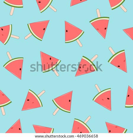cute vector seamless watermelon juicy ripe slices on a stick pattern on blue background. Summer fresh fruit background. Can be used for wallpapers, surface textures.