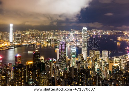 Cityscape of Hong Kong Island at night from Victoria Peak.