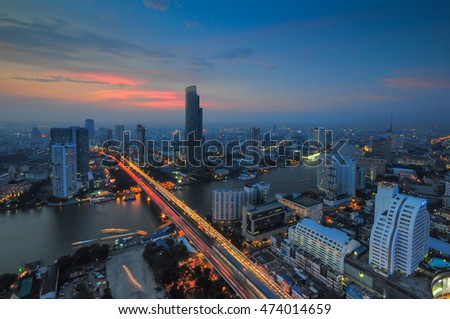 Bangkok City with skyscrapers at sunset.