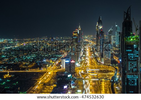 Aerial view of downtown Dubai at night, United Arab Emirates