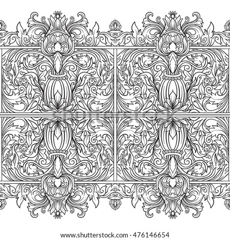 Seamless pattern in rococo style, victorian style, in renaissance style, in baroque style. Vector illustration. Coloring book for adult and older children. Outline drawing coloring page.