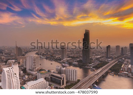 Sunset over Bangkok river with dramatic sky background, Thailand