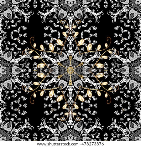 Seamless vintage pattern on black background with golden and white elements.