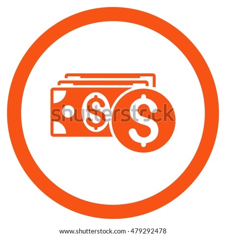 Dollar Cash rounded icon. Vector illustration style is flat iconic symbol, orange color, white background.