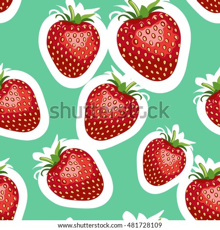 Seamless pattern of realistic image of delicious big strawberries different sizes. Turquoise background