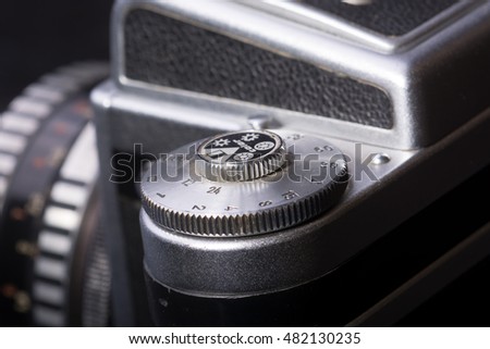 Close up of detail of old analog camera - selective focus