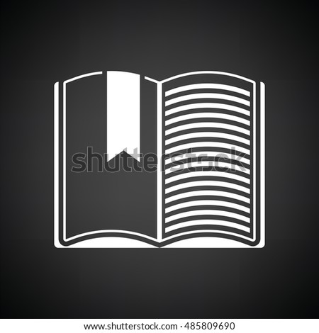 Open book with bookmark icon. Black background with white. Vector illustration.