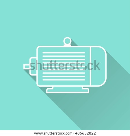 Electric motor vector icon with long shadow. White illustration isolated on green background for graphic and web design.