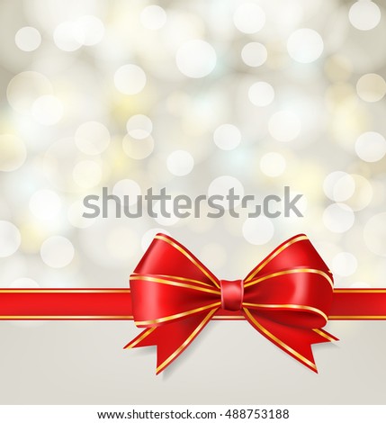red ribbon bow with gold on blurry holiday background. vector decorative design elements