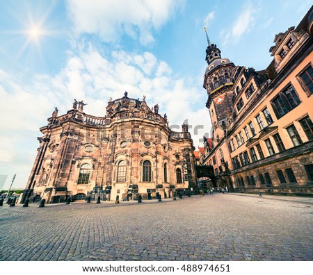 Residence of electors and kings of Saxony in Dresden. Majestic view of Castle or Royal Palace ( Dresdner Residenzschloss, Dresdner Schloss ). Artistic style post processed photo.