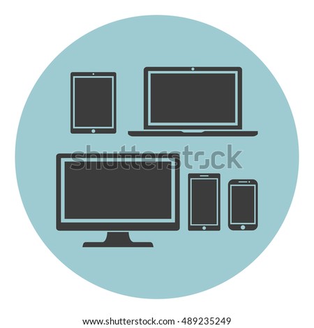 Device Icons: isolated smart phone, tablet, laptop and desktop computer. Stylish vector illustration of responsive web design.