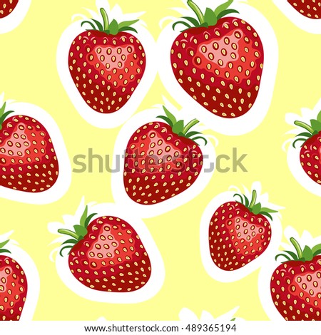 Seamless pattern of realistic image of delicious big strawberries different sizes. Yellow background
