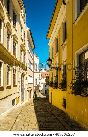 A street with traditional buildings in Bratislava, Slovakia. Travel photography. Architectural background.