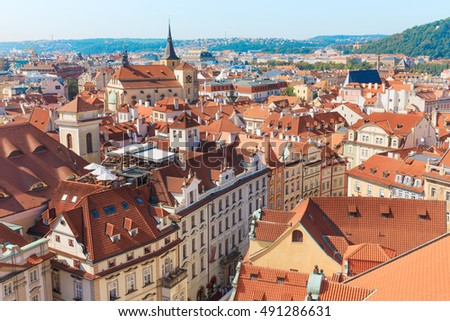 Prague. Czech Republic. Architecture cityscape and roofs top view of the city