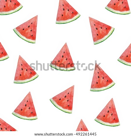 Pattern with colorful  watercolor watermelon pieces.