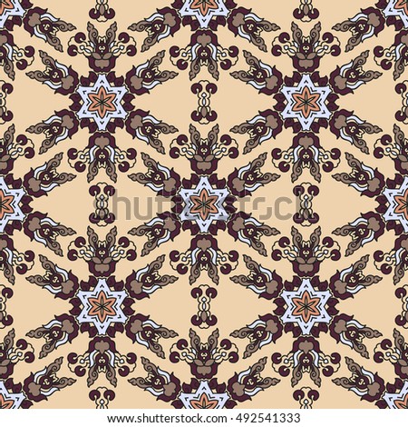 Abstract seamless patchwork pattern. Arabic tile texture with geometric and floral ornaments. Decorative elements for textile, book covers, print, gift wrap. Vintage boho style.