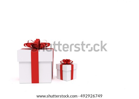 3D rendering of white gift boxes with red ribbon. Present for holiday, isolated