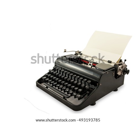 Vintage old black typerwiter on white background. Work as a writer, journalist. Writing text. Vintage printing technology. Talented writer