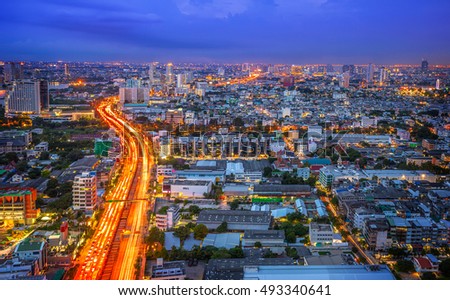night view of  Bangkok city with the express way