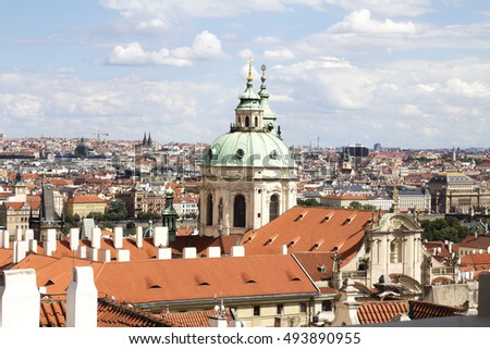 Scenic summer aerial panorama of the Old Town architecture in Prague, Czech Republic