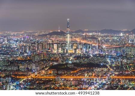 SEOUL, SOUTH KOREA The best view of South Korea with Lotte world mall at Namhansanseong Fortress in Seoul,South Korea