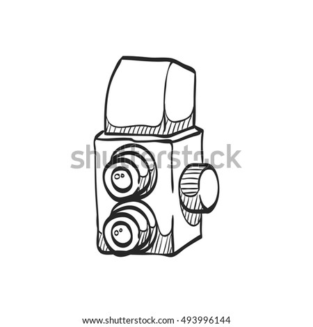 Twin lens reflex camera icon in doodle sketch lines. Vintage retro photography photo mechanical analog film shooting