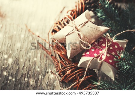 Vintage gift boxes on wooden background/ holidays gift background