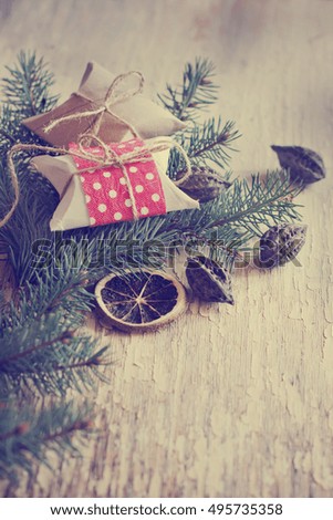 Christmas decorations on wooden background/ holidays background 
