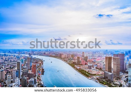 Aerial view of Shanghai skyline of China.