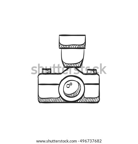 Camera icon in doodle sketch lines. Photography picture electronic imaging