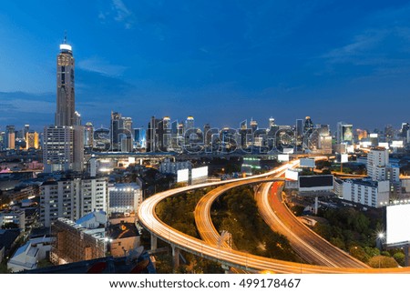 Twilight sky background, city downtown and highway interchanged, long exposure, Bangkok Thailand