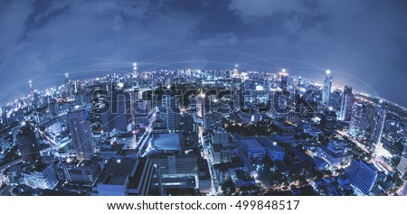 Blue high-tech tone of cityscape connected line, technology concept, internet of things conceptual