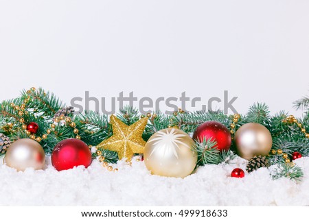 Composition with Christmas decorations fir tree on white background