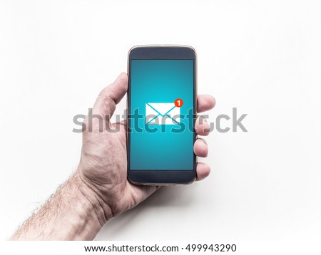 Email app on smartphone screen. You receive a message, New message is received. Man's Hand holding a smartphone