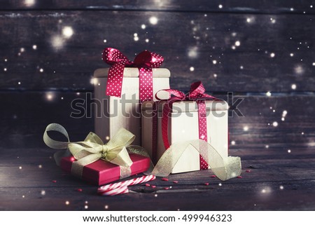 Vintage gift boxes on wooden background/ holidays gift background 