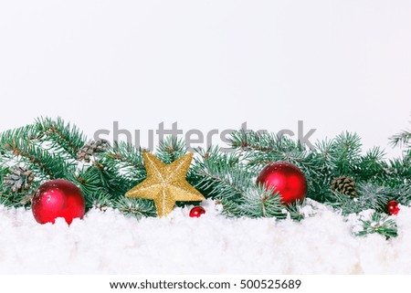 Composition with Christmas decorations fir tree on white background