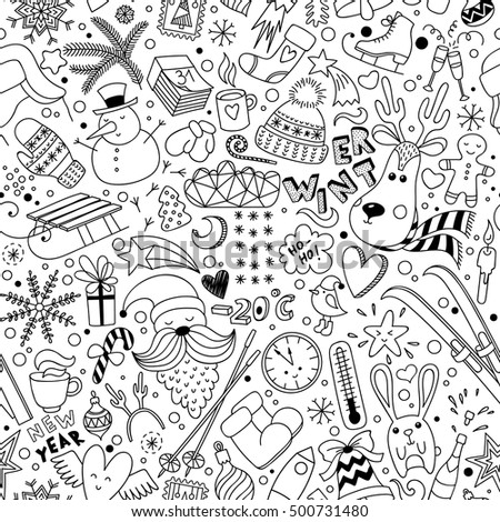 Cartoon hand drawn seamless vector pattern with doodle winter icons items. Vector  background with cute elements. Funny new year drawing. Coloring book, wallpaper, fabric, textile, backdrop